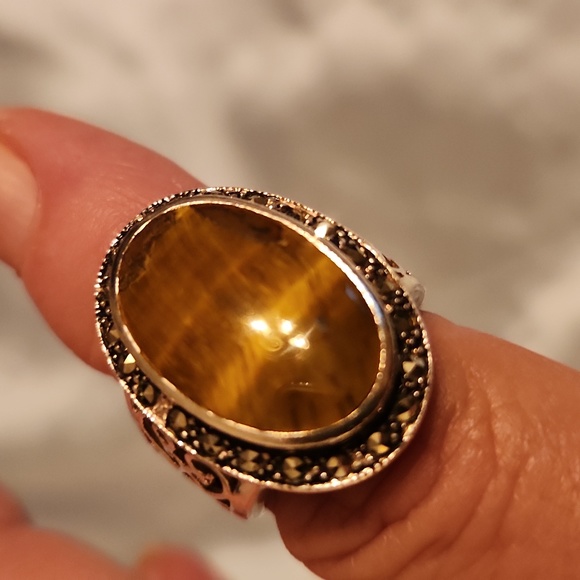 Jewelry - VINTAGE TIGERS 🐅 EYE STERLING, MARCASITE  RING Owned FOR 35 YEARS.PRICE IS FIRM
